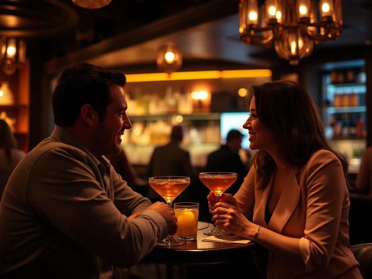 Two people sharing a quiet drink at a warm-lit bar