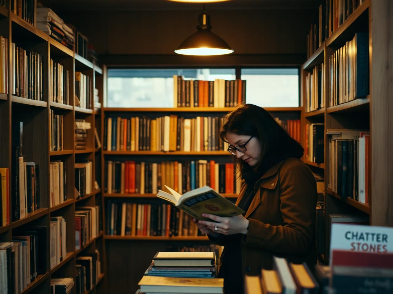 A person browsing books in a cosy independent bookshop