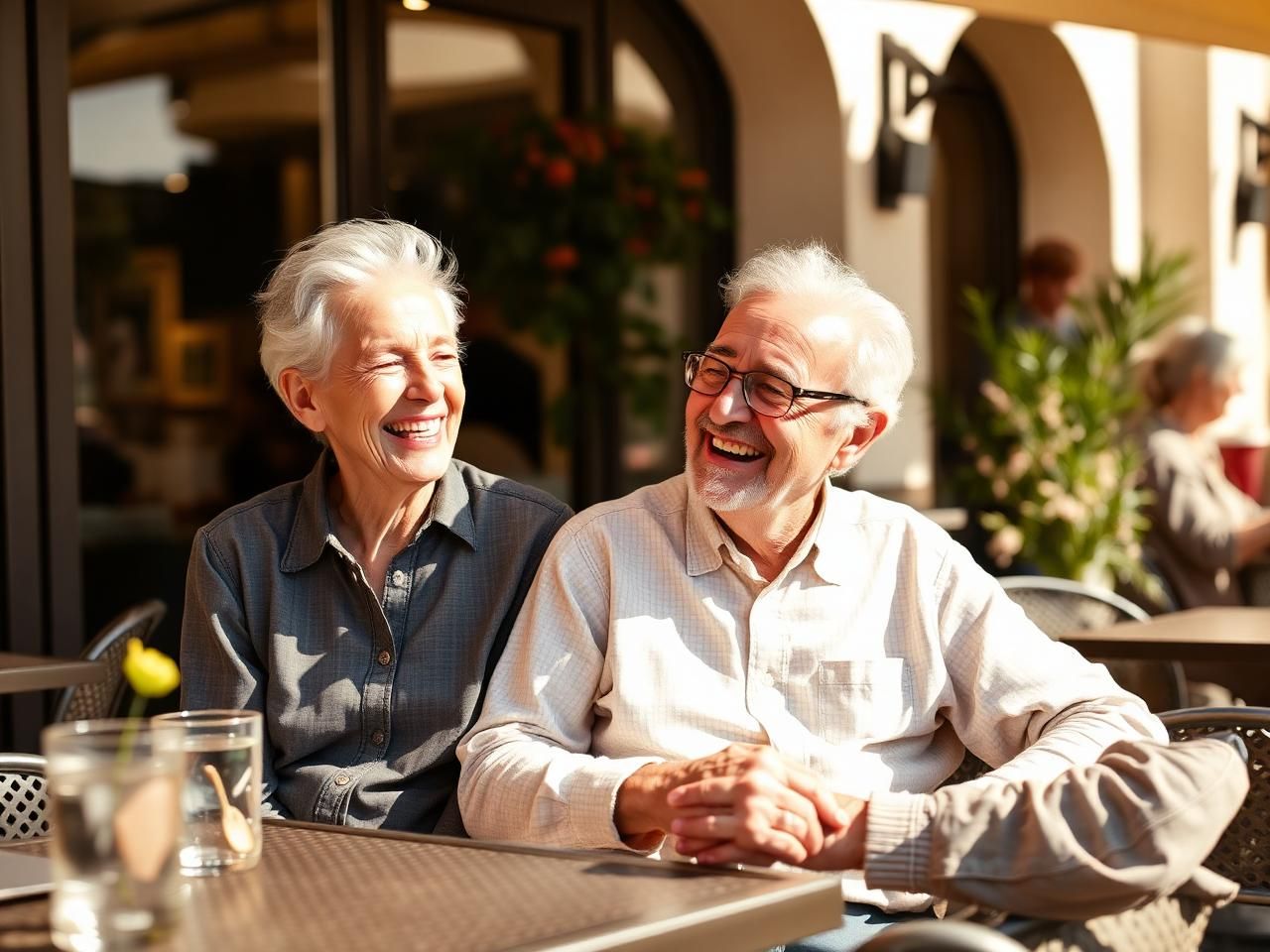 Two friends laughing at a sunny café terrace