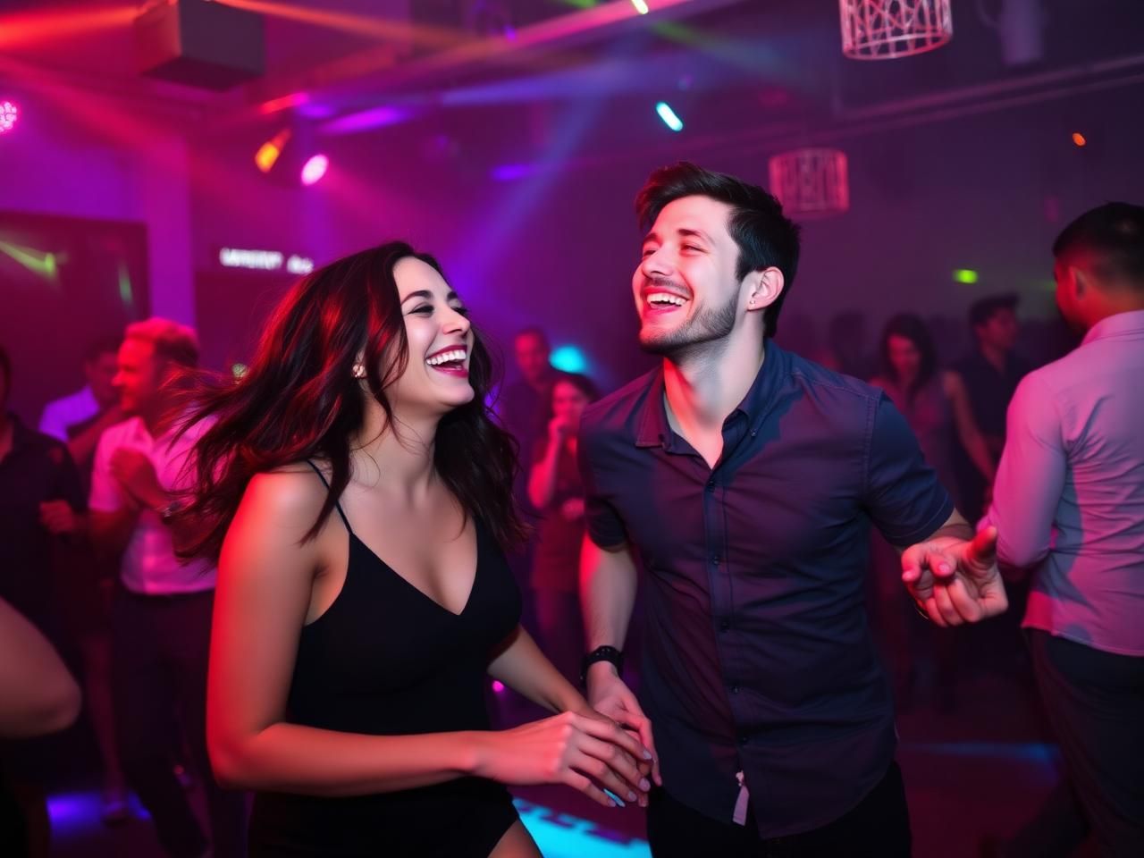 Two people laughing together on a dance floor