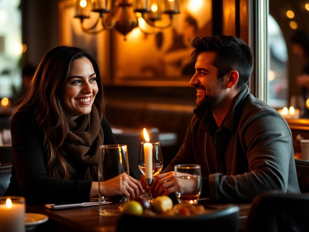 Two people smiling over candlelight at a warm restaurant