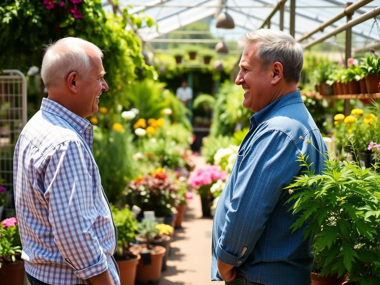 Two people chatting among plants in a sunny garden centre