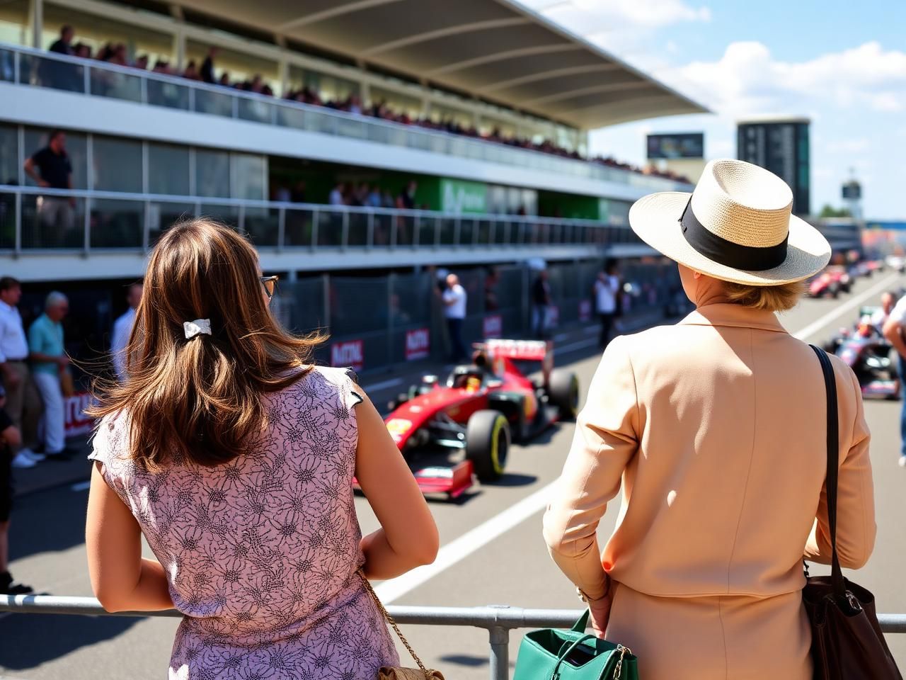 Two spectators in summer outfits watching a Grand Prix race