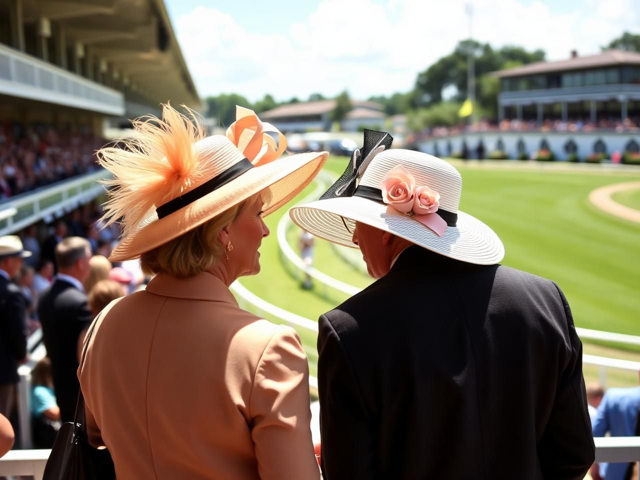 Two well-dressed spectators in hats at a horse race