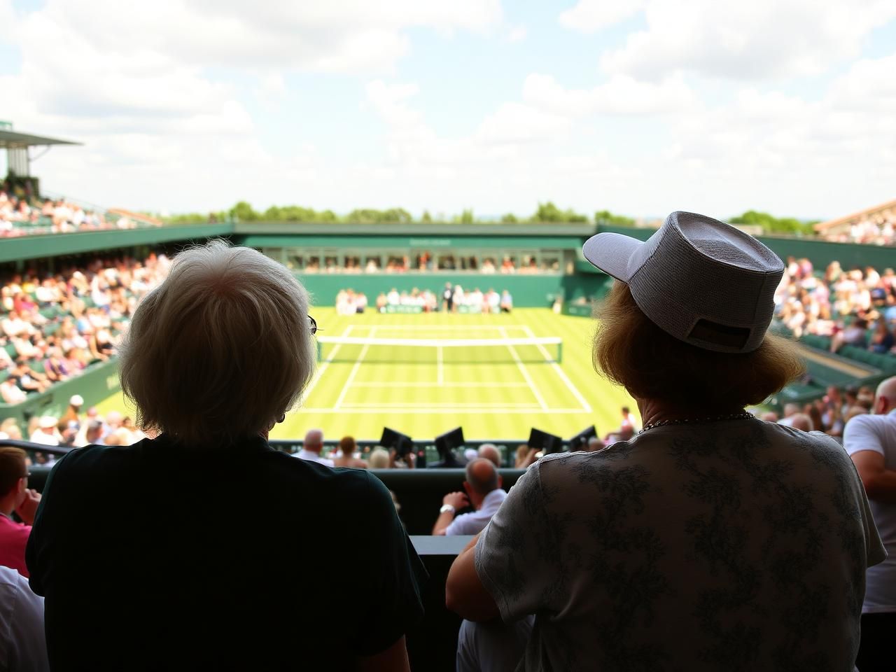 Two spectators watching tennis at Wimbledon